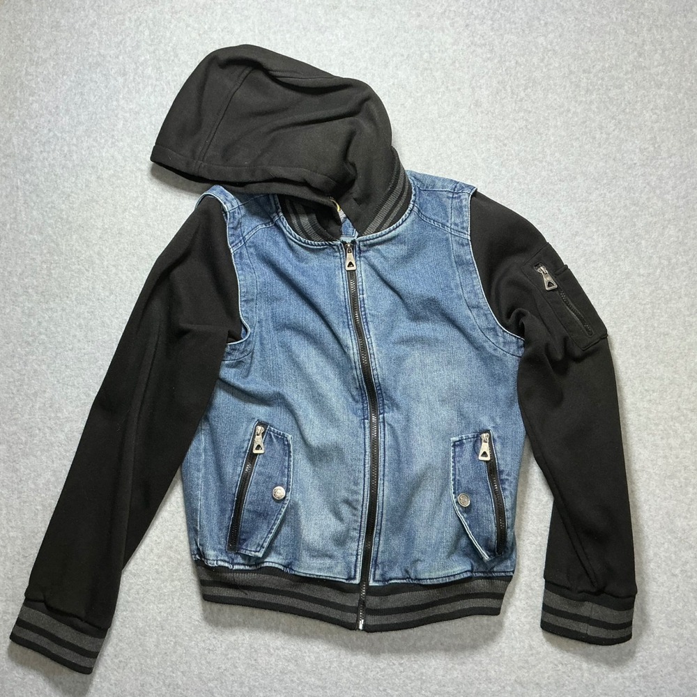 Urban Republic Boys XL 18/20 Denim Varsity Jacket Hooded Mixed Media Blue Black